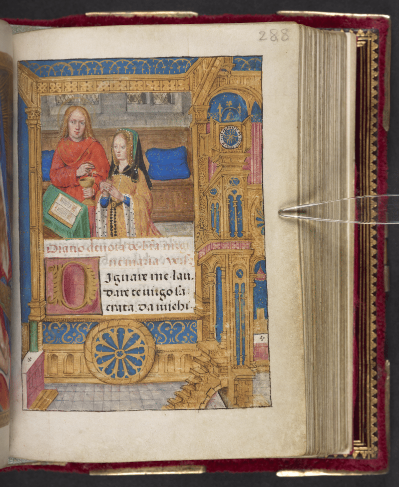 A portrait of Joanna ofCastile kneeling before an open book from "Book of Hours, Use of Rome