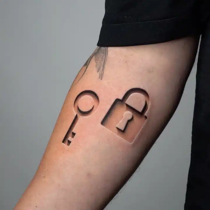 3D Debossed Tattoo of a Lock and Key by Daniel Gullivers