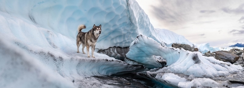 Alaskan Malamute on a glacier