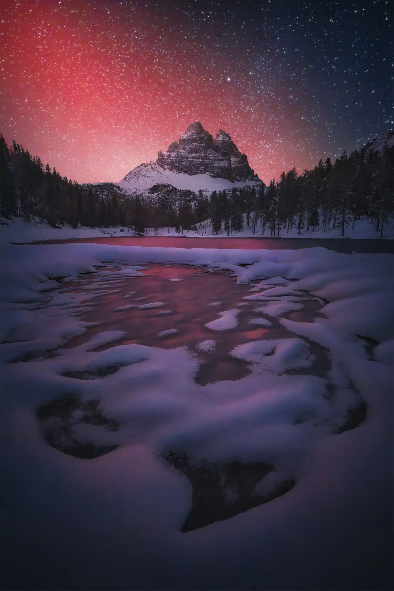 Antorno Lake, Italian Dolomites at sunset