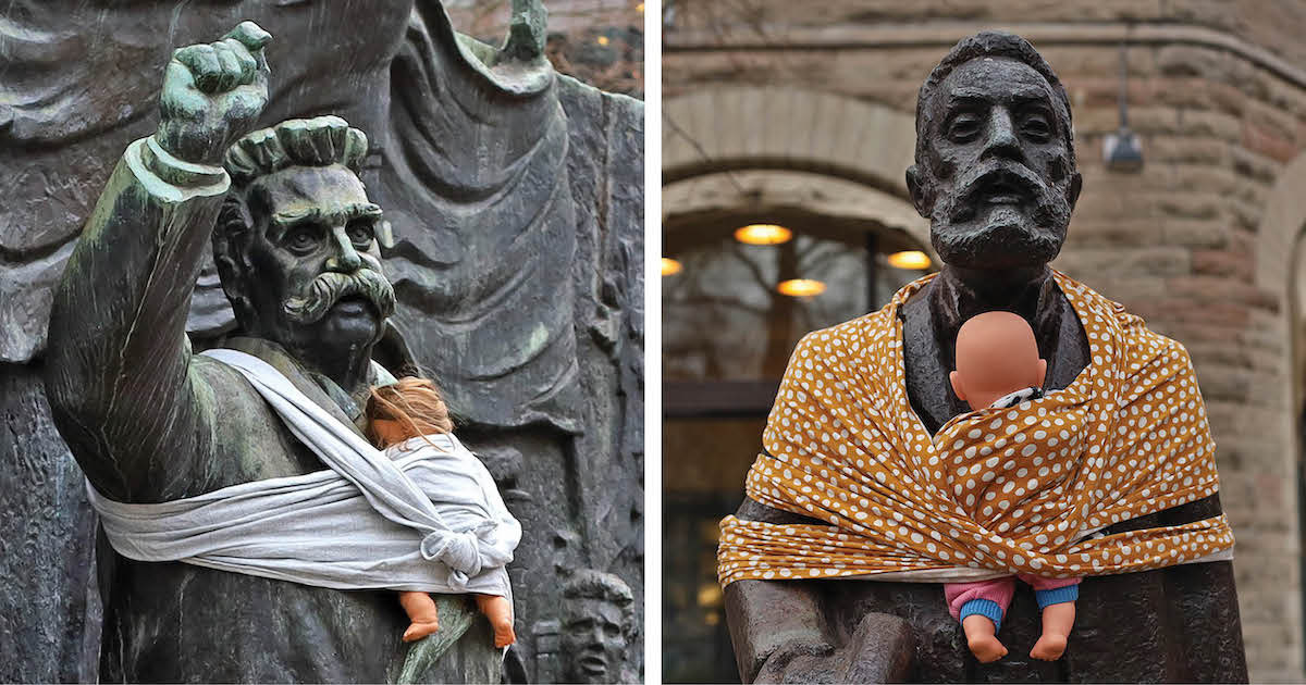 Male Statues Are Transformed Into Fathers Carrying Their Babies