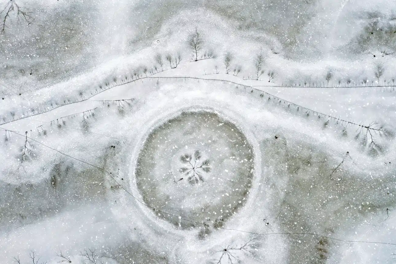 Aerial view of frozen lake in Tibet