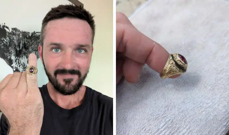 Alex Davis holding the ring he recovered from the ocean