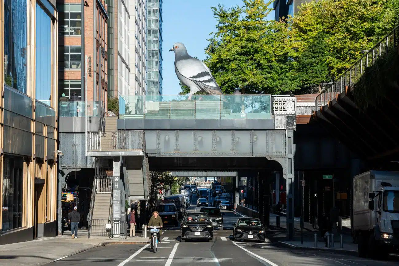 Pigeon sculpture perched atop the High Line with a street underneath