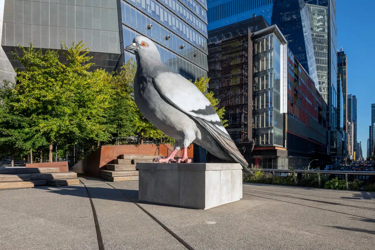 Pigeon sculpture perched atop the High Line