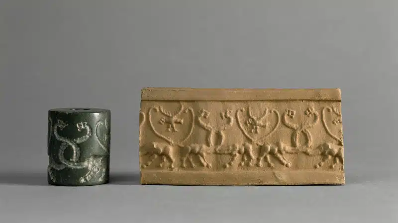 Mesopotamian cylinder seal and its design imprinted onto clay