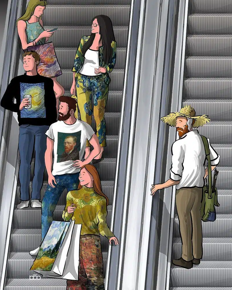 Van Gogh illustration showing him on a escalator while people wear merch with his paintings 