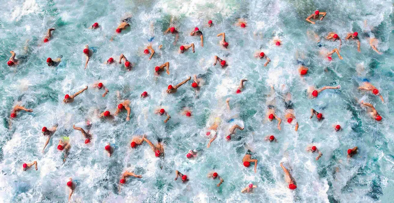 Aerial shot of swimming race