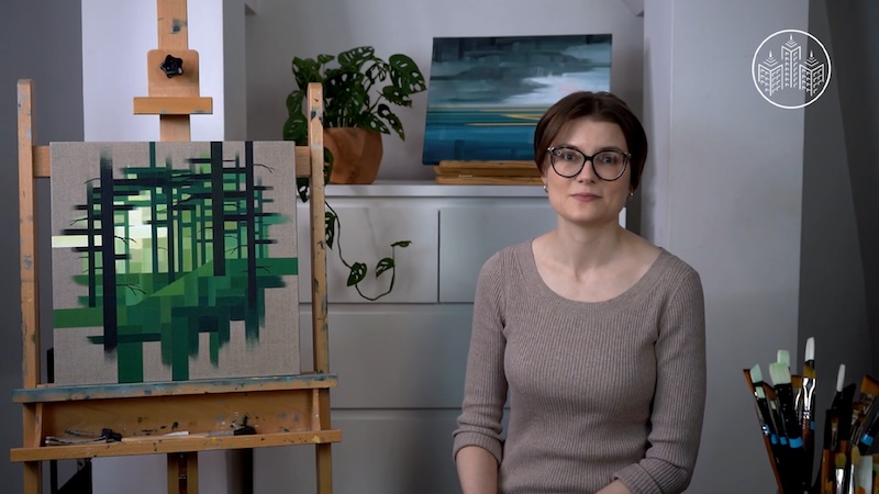 Luiza Niechoda with Pixelated Landscape Painting