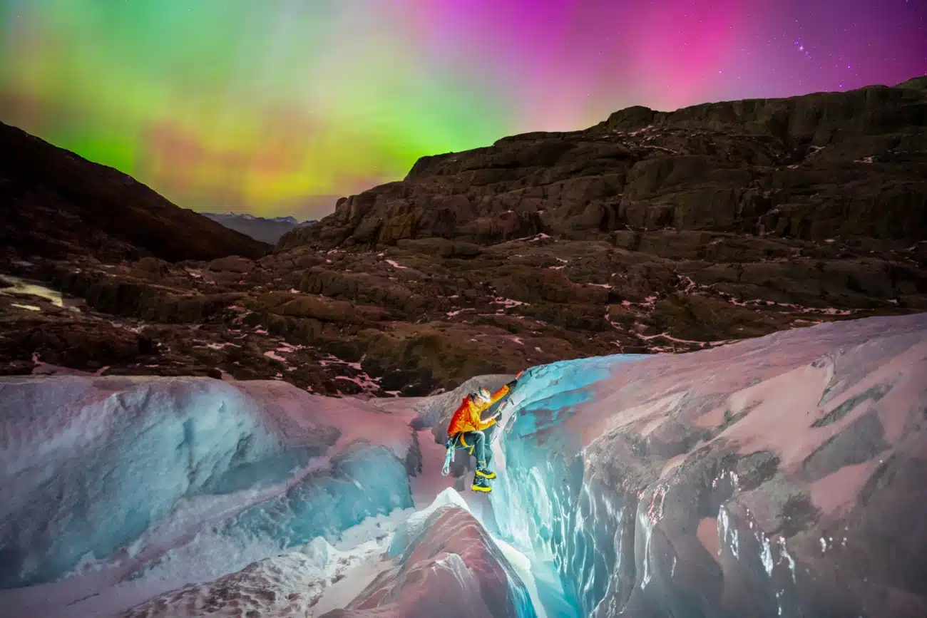 Aurora while someone ice climbing at Aspiring National Park, New Zealand