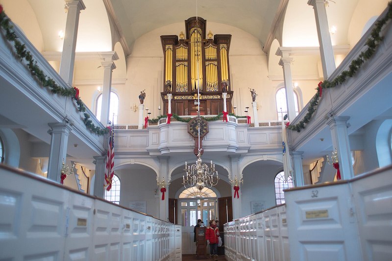 Old North Church in Boston, where an 18th-century angel mural is being restored.