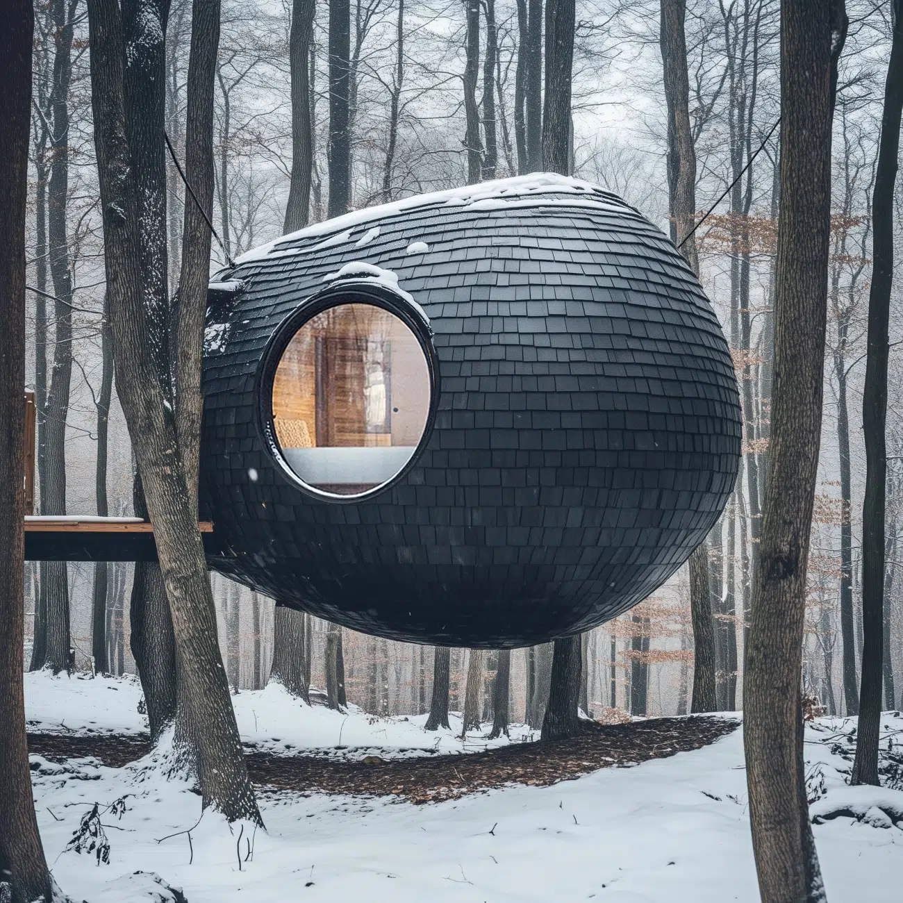 Burl Treehouse perched in a wintery forest