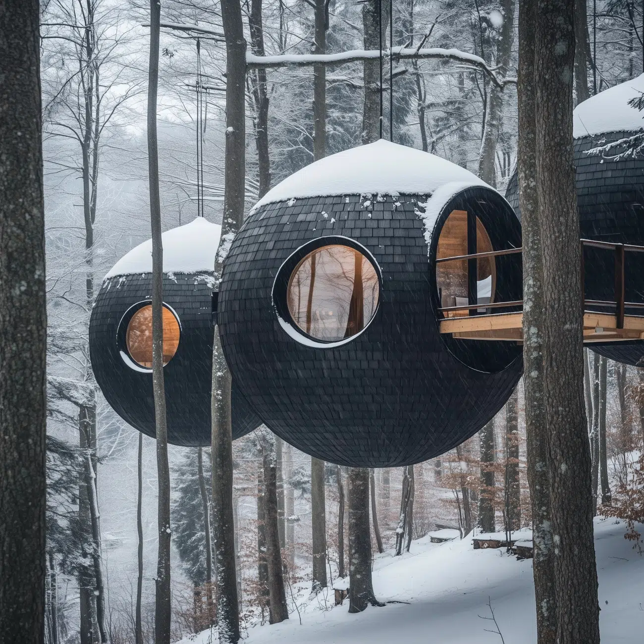 Burl Treehouse perched in a wintery forest