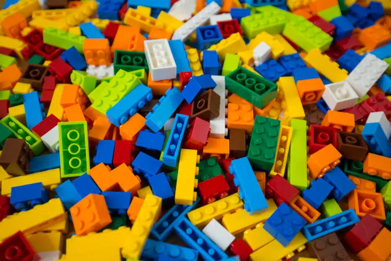 Close-up of a cluttered pile of colorful Lego bricks