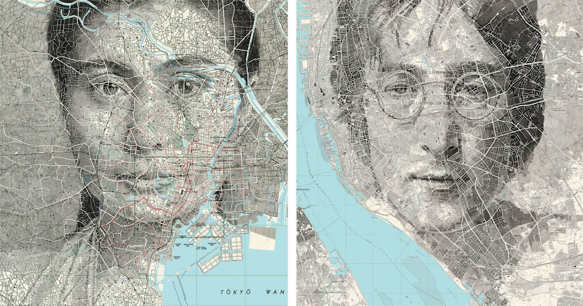 Artist Draws Portraits of John Lennon and Yoko Ono on Maps
