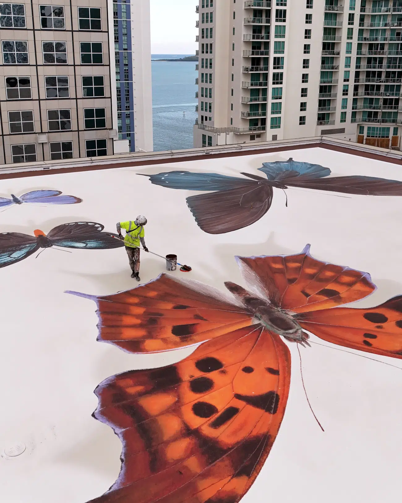 Details of butterfly mural by Mantra on Miami rooftop