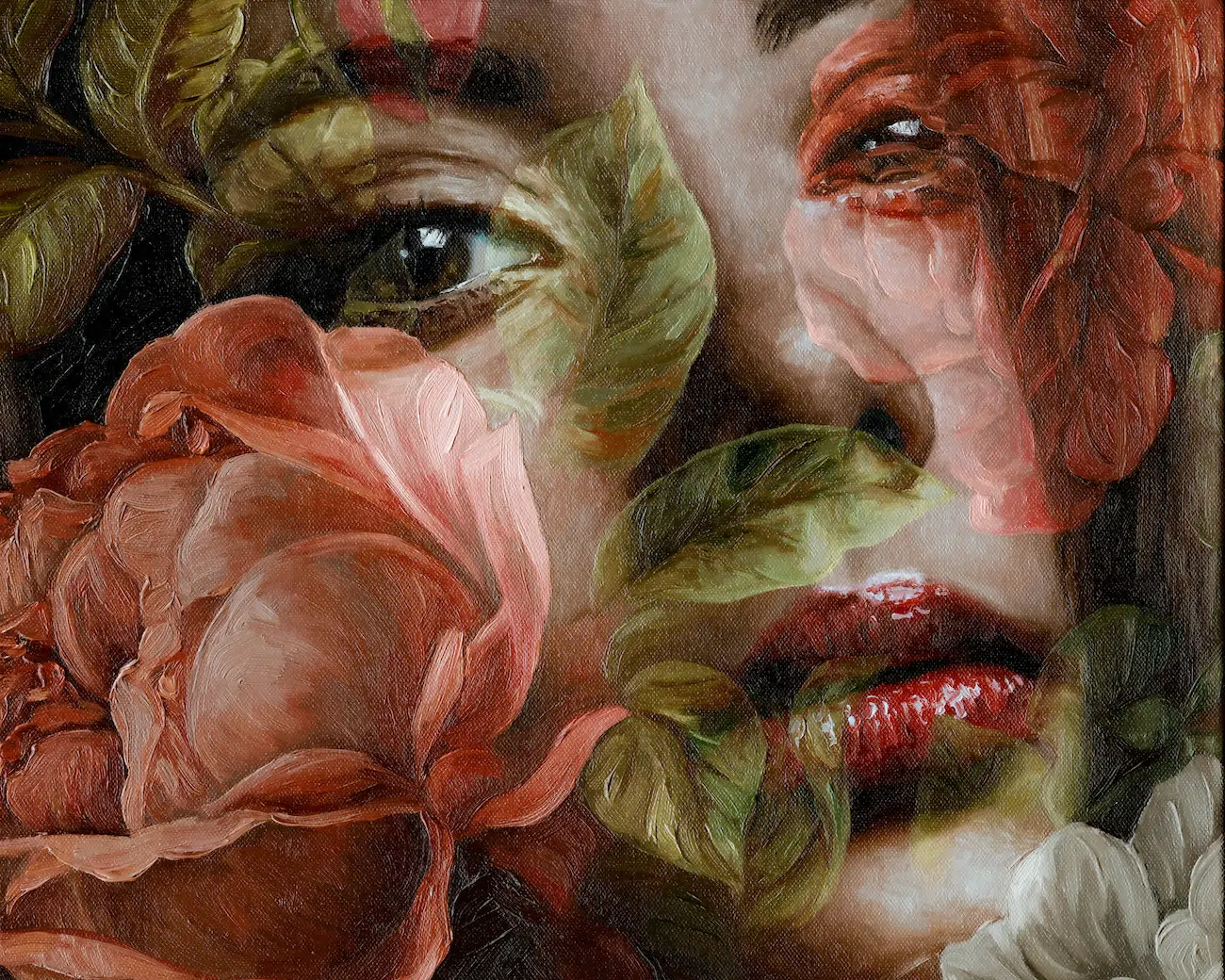 Jess Currier combines floral imagery and portraiture throughout her oil paintings.