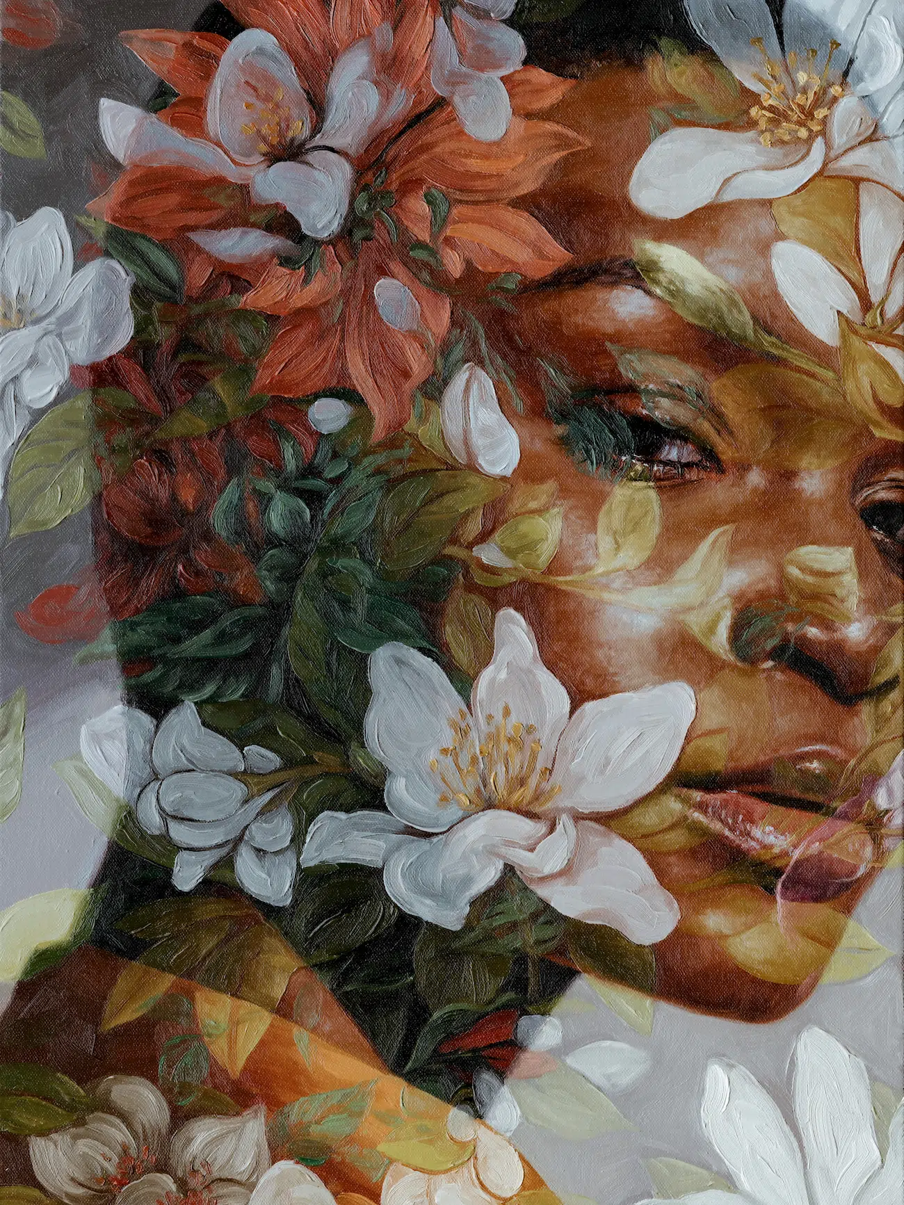 Jess Currier combines floral imagery and portraiture throughout her oil paintings.