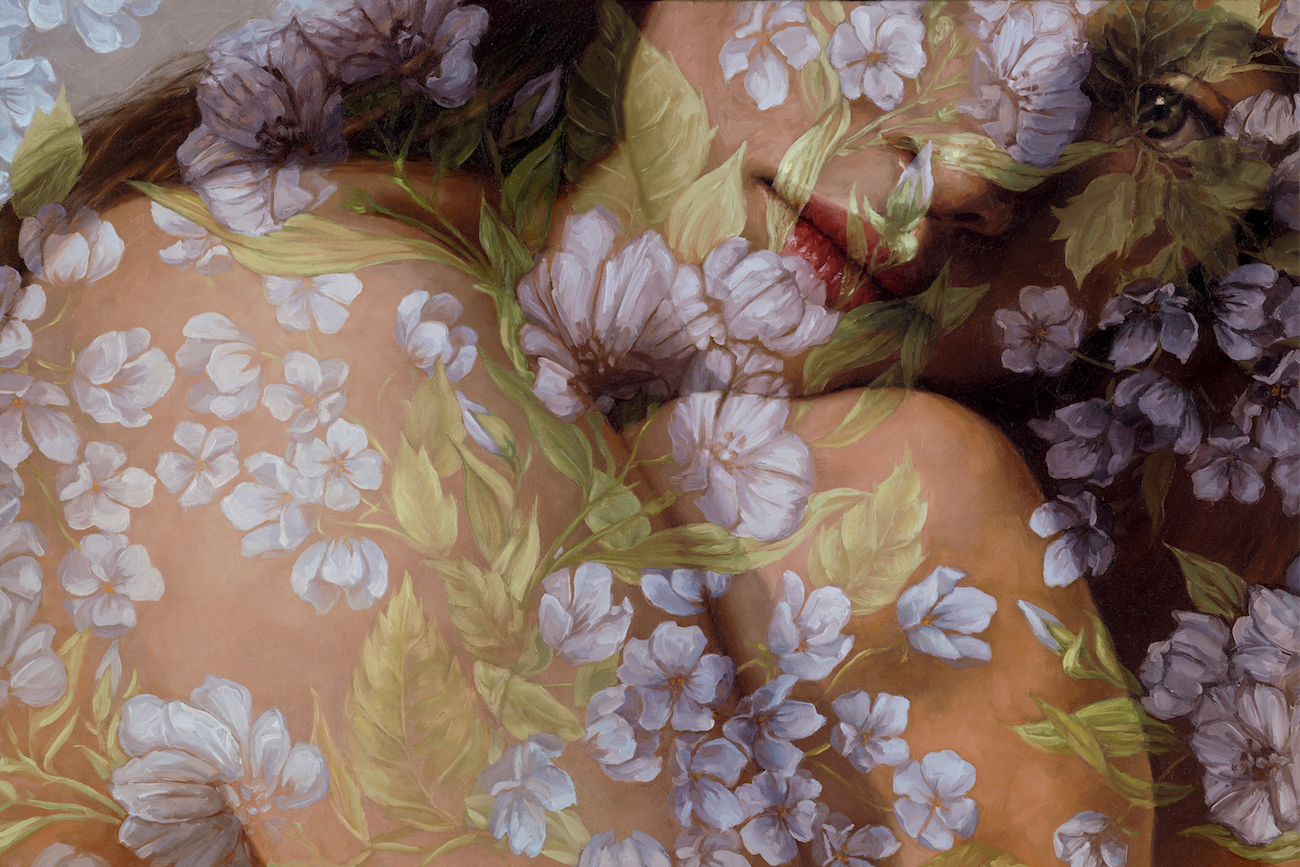Jess Currier combines floral imagery and portraiture throughout her oil paintings.