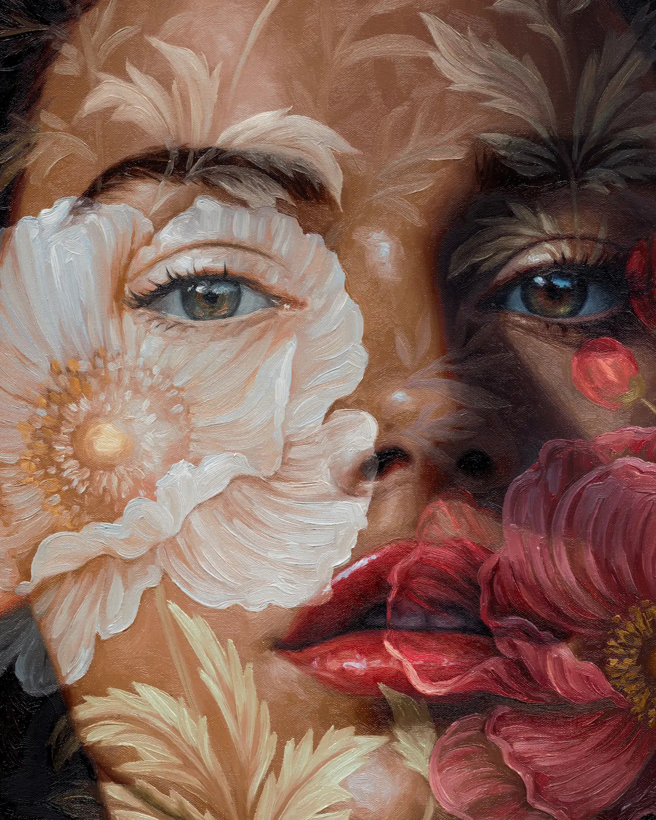 Jess Currier combines floral imagery and portraiture throughout her oil paintings.