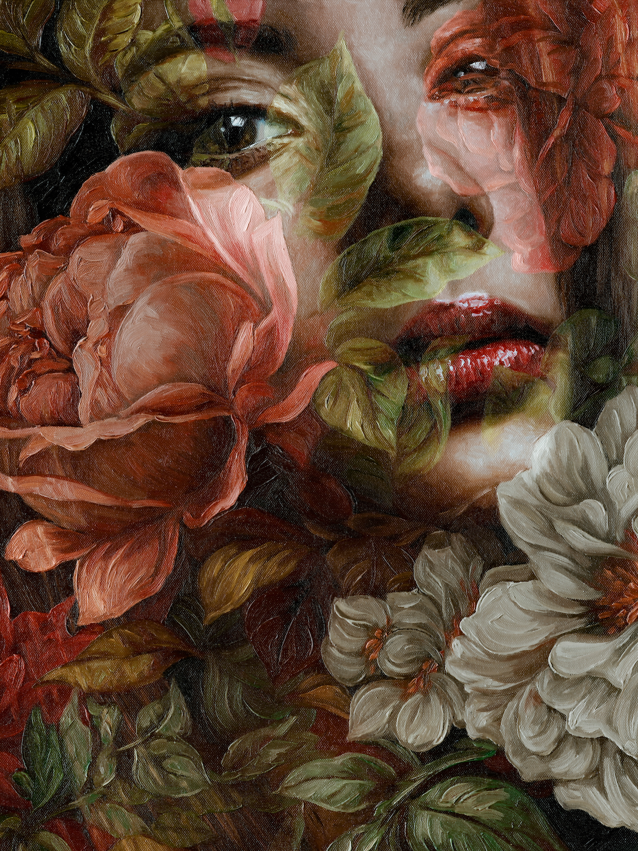 Jess Currier combines floral imagery and portraiture throughout her oil paintings.