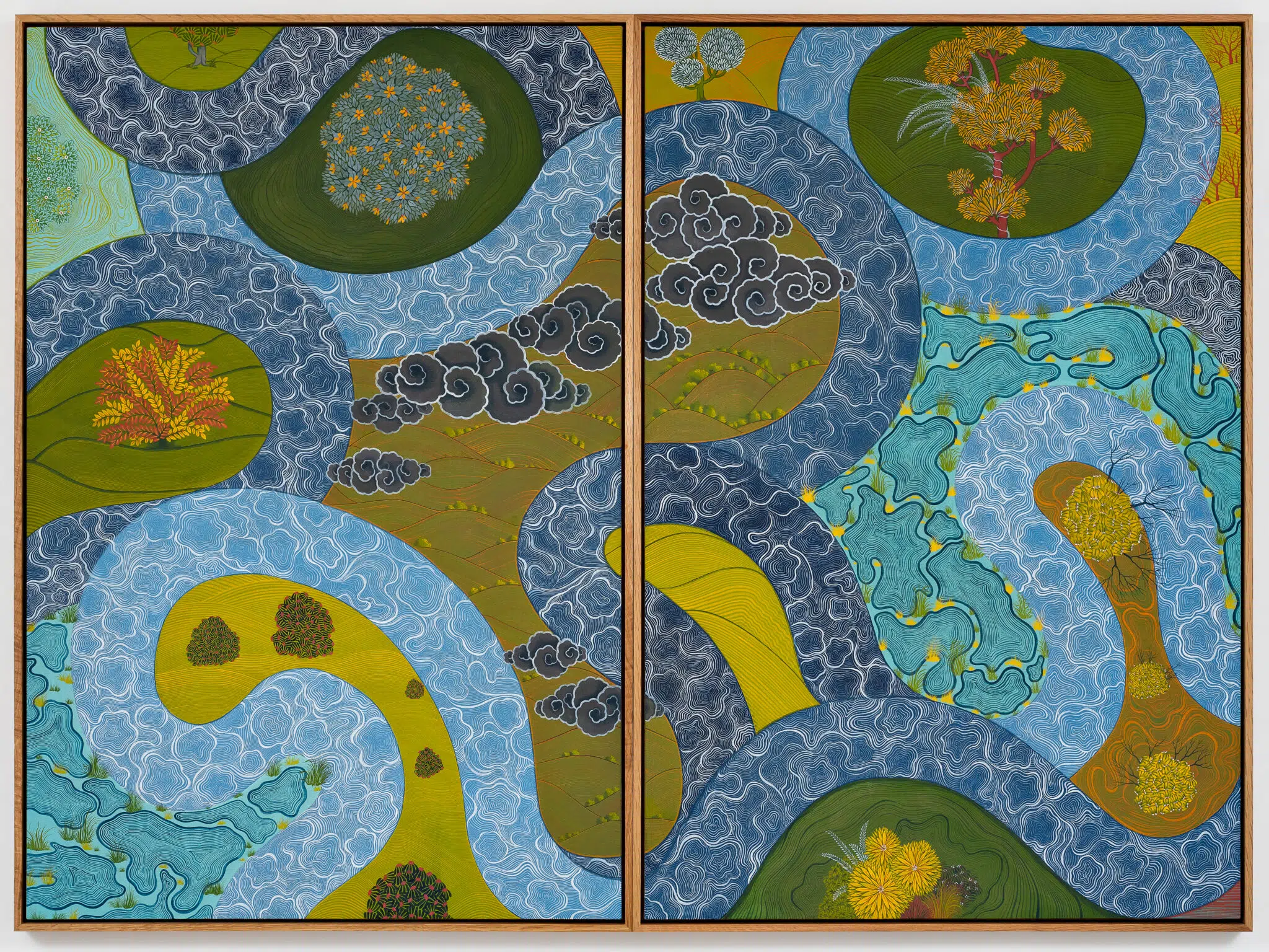 “Archipelago” (2024), handmade pigments on linen; diptych, 61 1/2 x 83 x 2 1/4 inches overall, framed