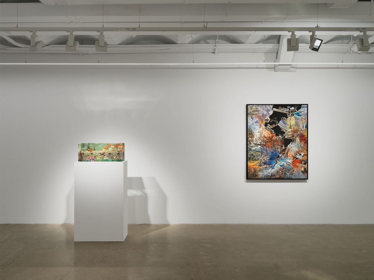 Installation view of "Dustin Yellin: If a bird's nest is nature, what is a house?" at Almine Rech Gallery in New York, NY.