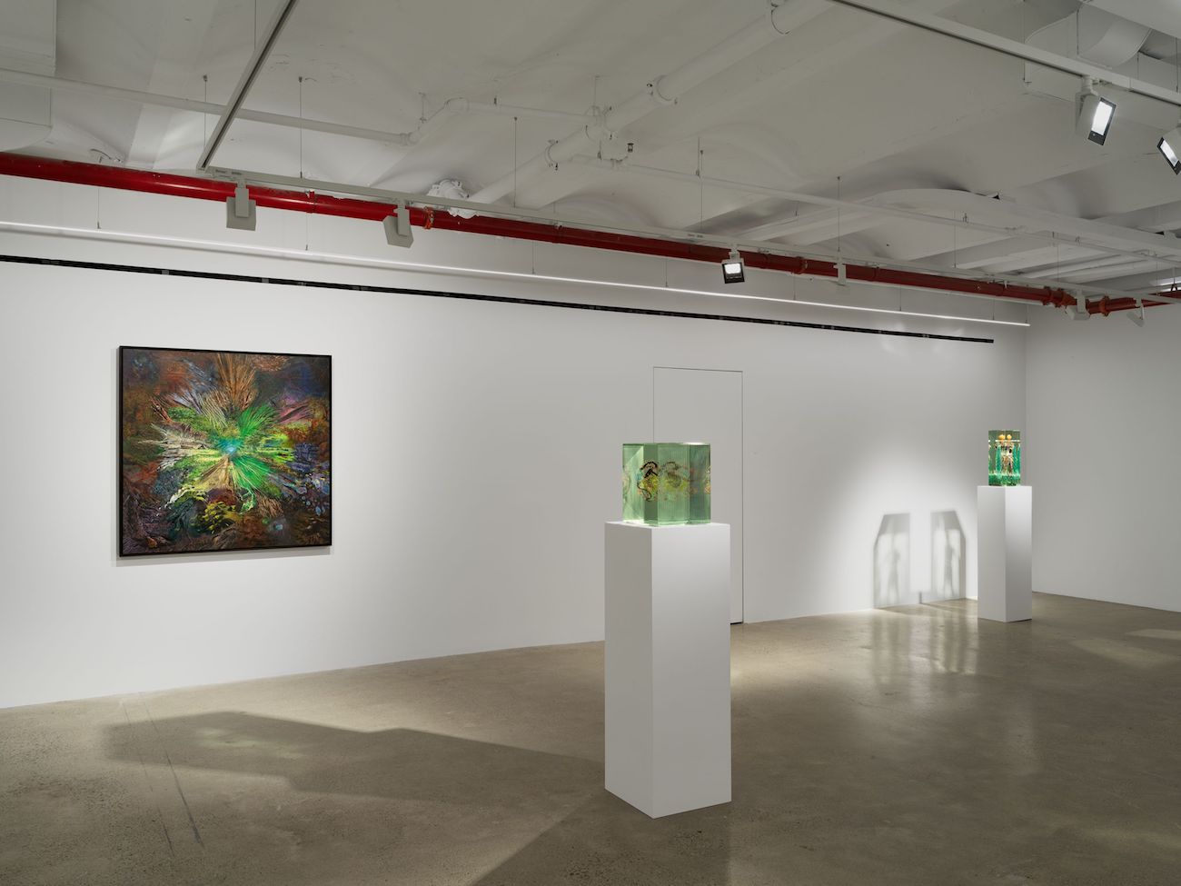 Installation view of "Dustin Yellin: If a bird's nest is nature, what is a house?" at Almine Rech Gallery in New York, NY.