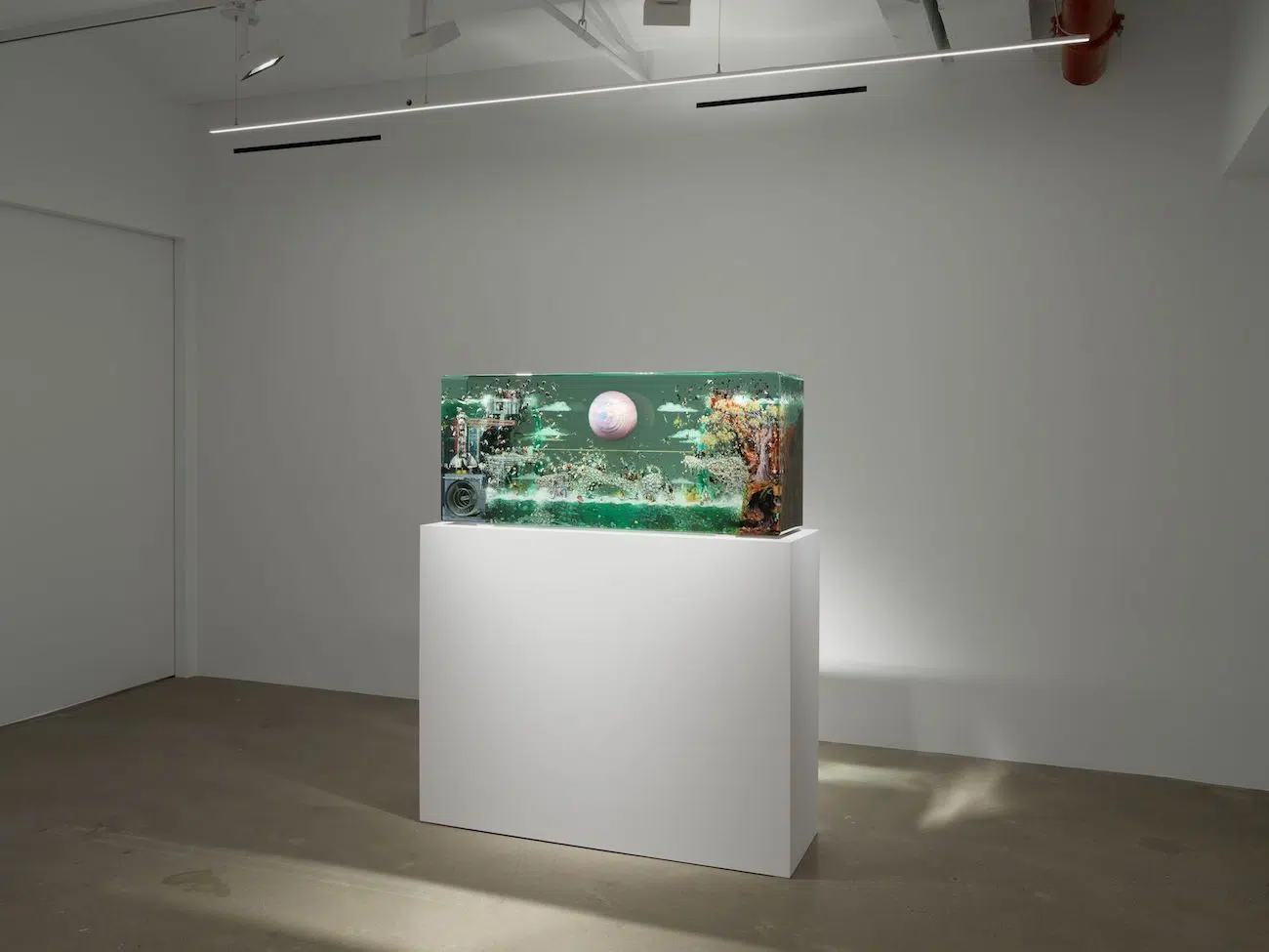 Installation view of "Dustin Yellin: If a bird's nest is nature, what is a house?" at Almine Rech Gallery in New York, NY.