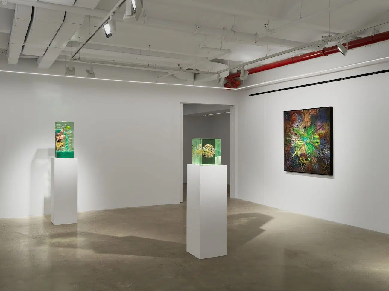 Installation view of "Dustin Yellin: If a bird's nest is nature, what is a house?" at Almine Rech Gallery in New York, NY.