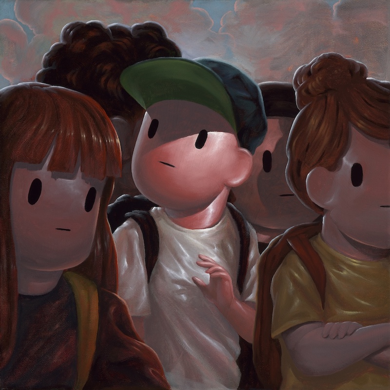 Painting of a boy in a crowd featured in "Giorgiko: Back to School" at Hashimoto Contemporary