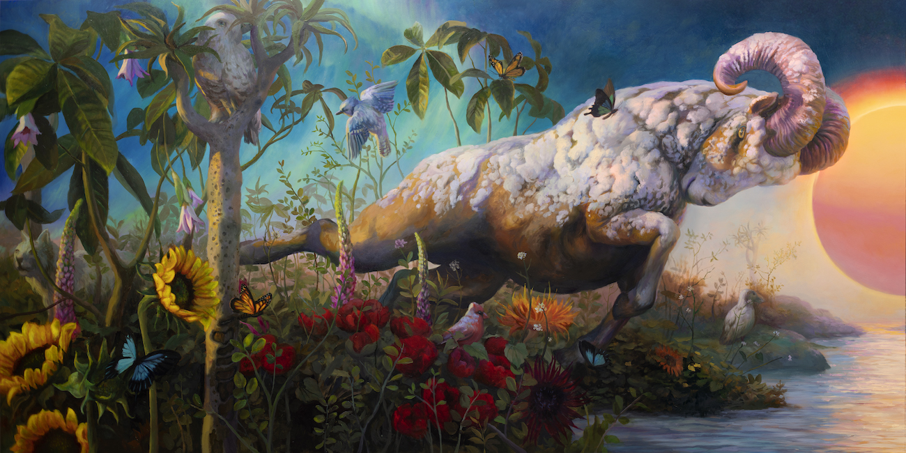 Painting of a ram preparing to battle, included in "Martin Wittfooth: Deus ex Terra" at Corey Helford Gallery.