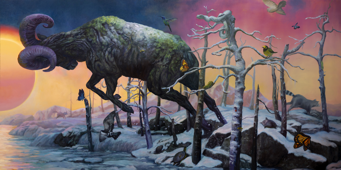 Painting of a ram preparing to battle, included in "Martin Wittfooth: Deus ex Terra" at Corey Helford Gallery.