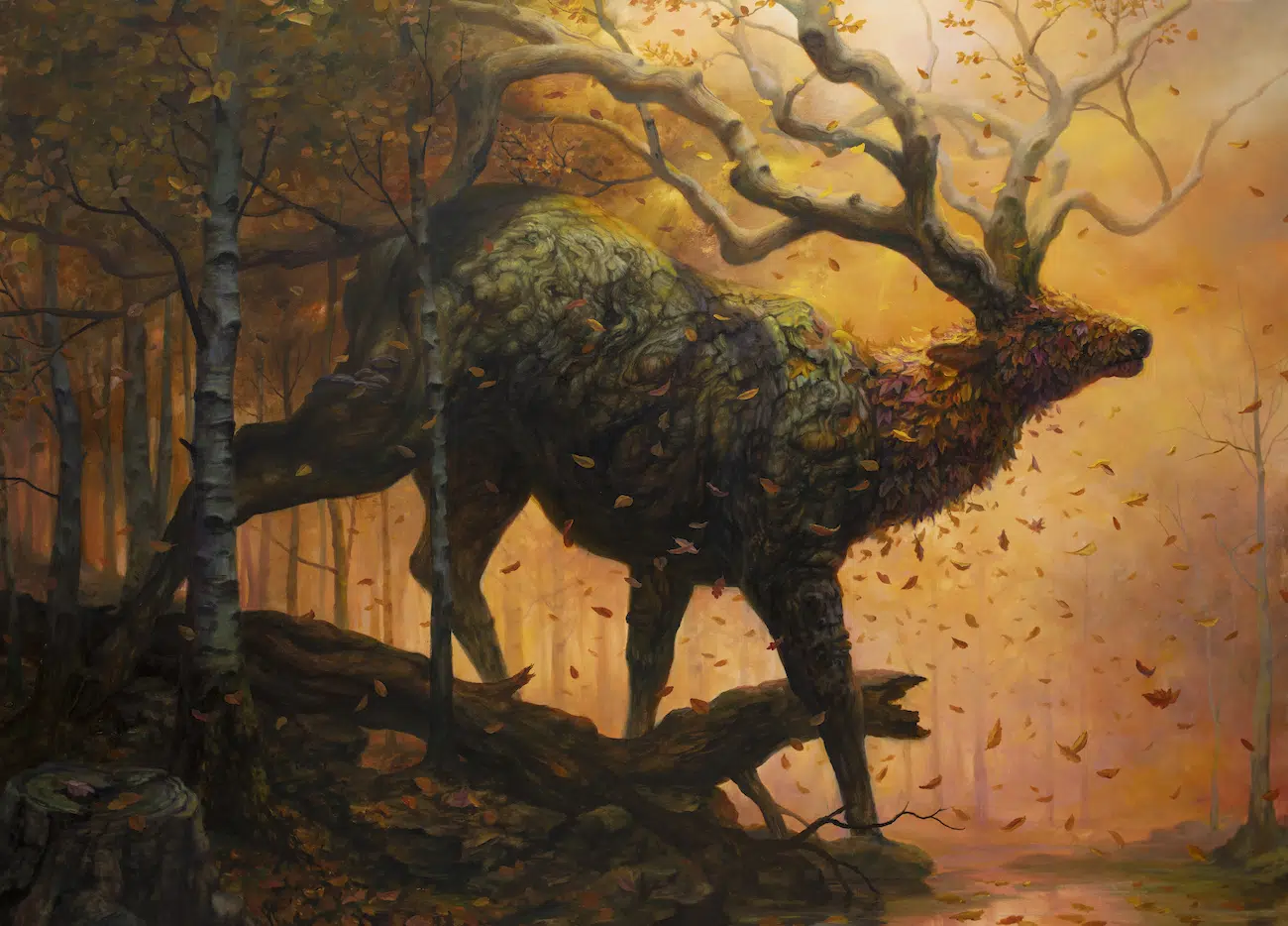 Painting of a mythical stag wandering through a forest, included in "Martin Wittfooth: Deus ex Terra" at Corey Helford Gallery.