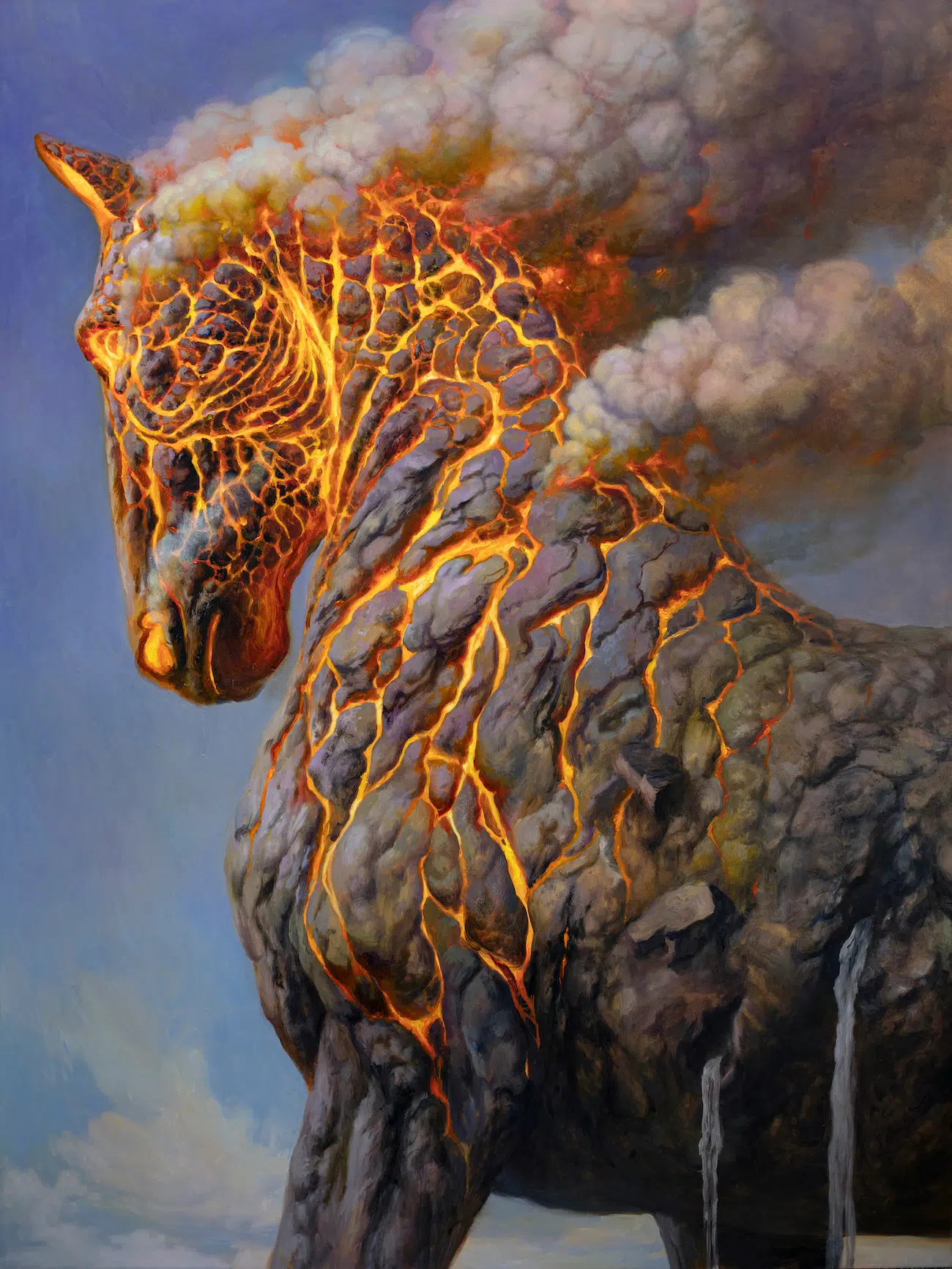 Painting of a horse with volcano-like detailing, included in "Martin Wittfooth: Deus ex Terra" at Corey Helford Gallery.