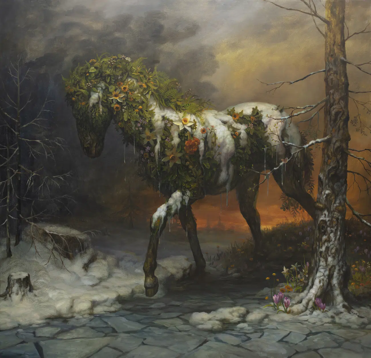 Painting of a horse wandering through a ravaged forest, included in "Martin Wittfooth: Deus ex Terra" at Corey Helford Gallery.