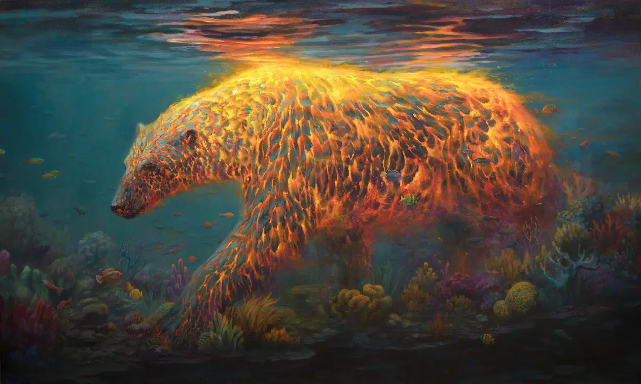 Painting of a polar bear with fire- and volcano-like features, included in "Martin Wittfooth: Deus ex Terra" at Corey Helford Gallery.