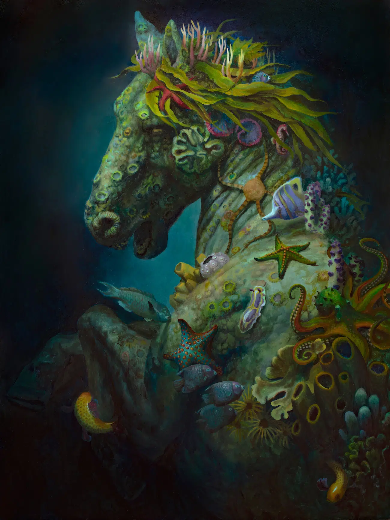 Painting of a horse with ocean-like features, included in "Martin Wittfooth: Deus ex Terra" at Corey Helford Gallery.