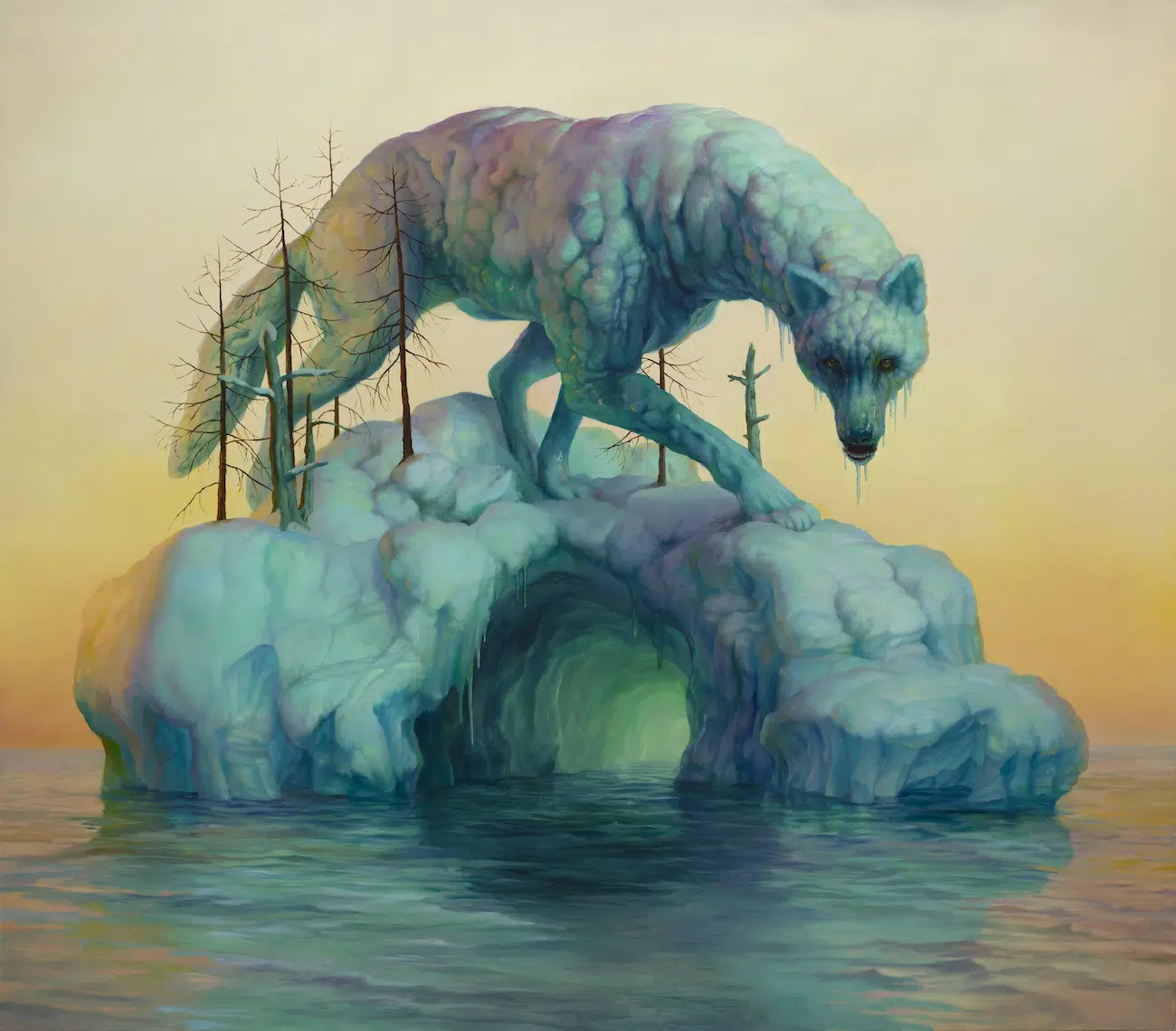 Painting of a wolf wandering an icy island, included in "Martin Wittfooth: Deus ex Terra" at Corey Helford Gallery.