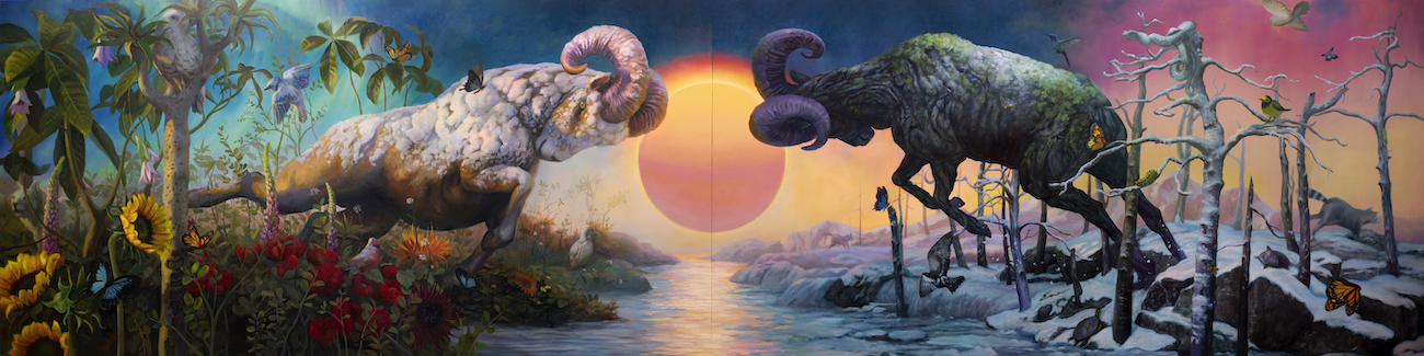 Painting of two rams ready to battle, included in "Martin Wittfooth: Deus ex Terra" at Corey Helford Gallery.