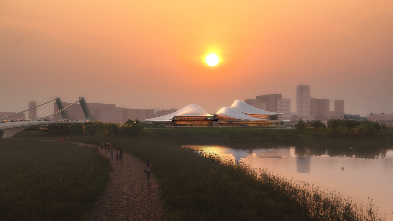 Arquitectos de Zaha Hadid en Shaoxing Culture and Arts Center al atardecer