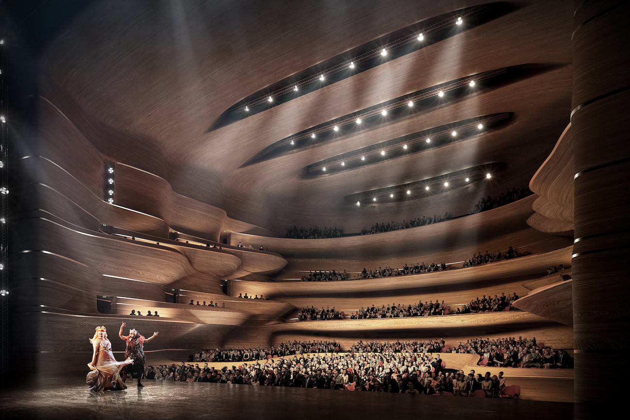 Vista interior del espacio de actuación del Centro de Cultura y Artes de Shaoxing en Zaha Hadid Architects