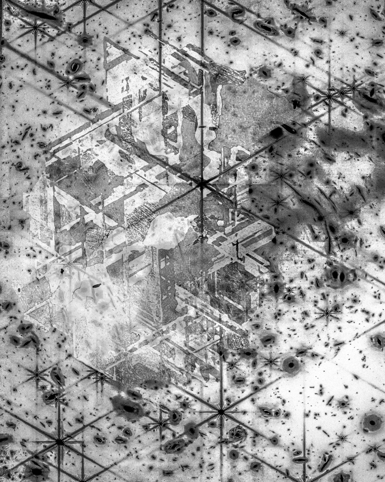 Image using data of gravitational lensing from the James Webb Space Telescope (JWST) and combining it with a photograph that Leonardo Di Maggio took of the inside of a meteorite