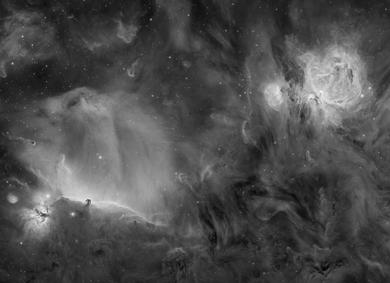 Image made with H-alpha filter to make a monochrome image highlighting the emission nebulae