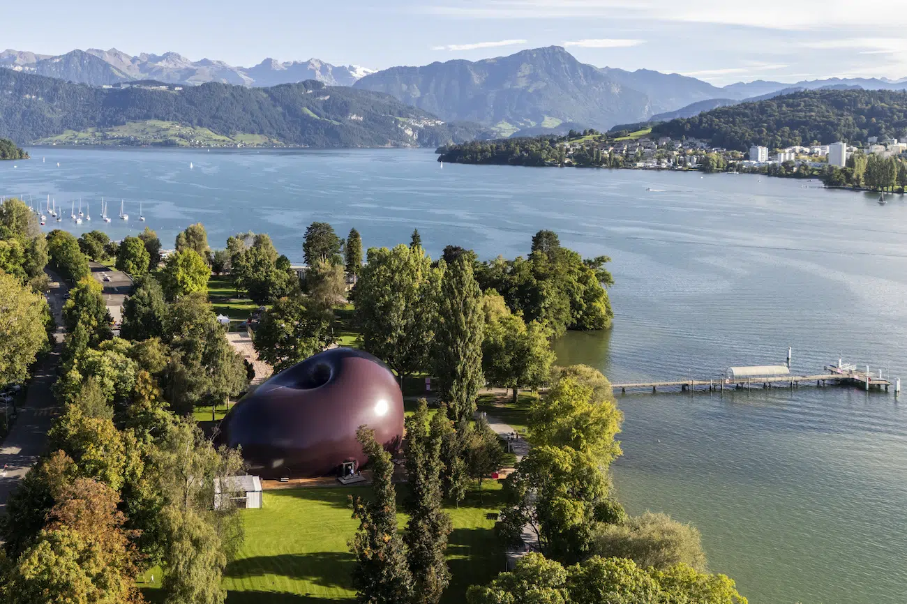 Anish Kapoor and the late architect Arata Isozaki's mobile concert hall, "Ark Nova," set up during the Lucerne Festival in Switzerland.