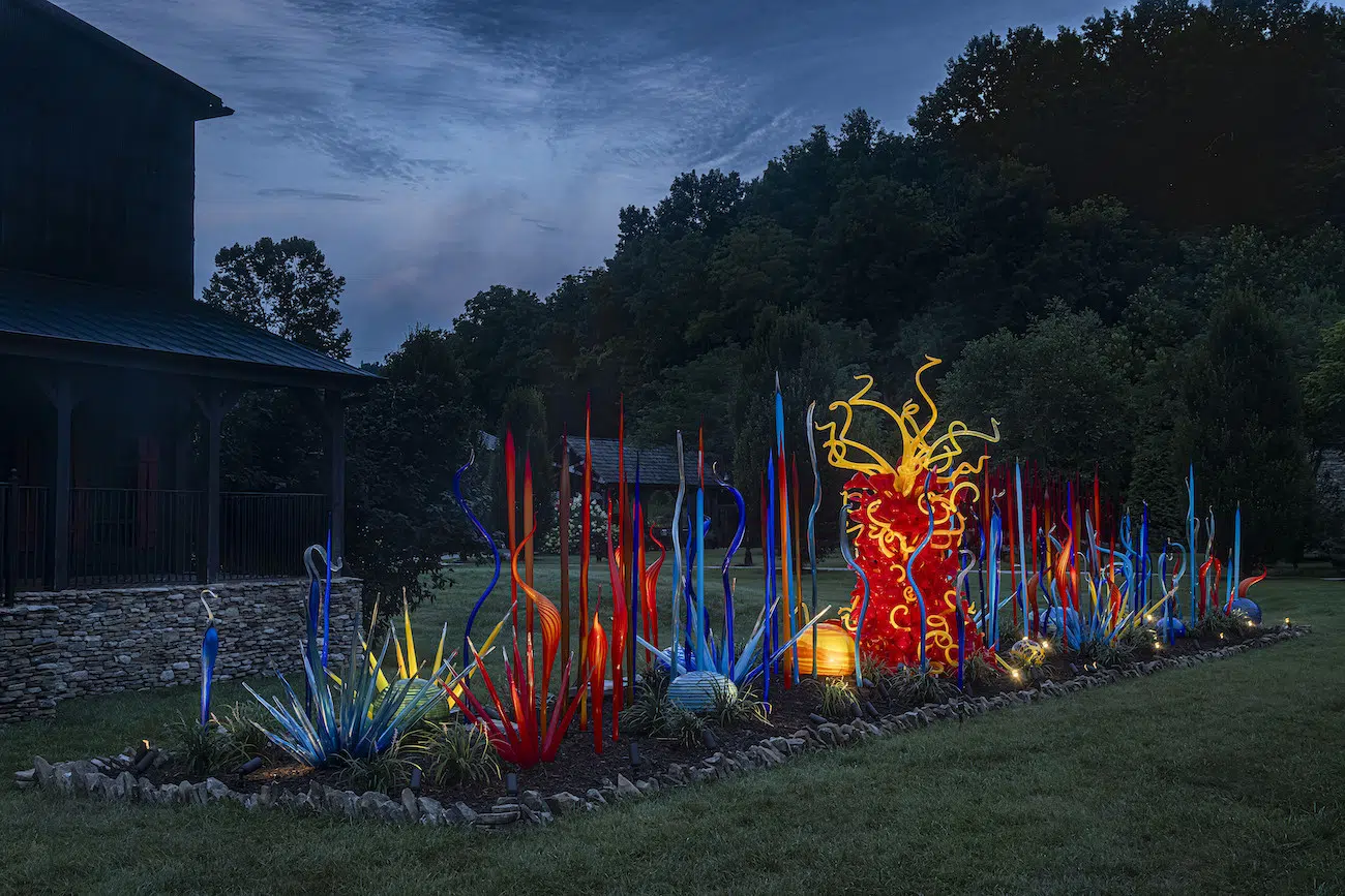 Installation view of Dale Chihuly's sculpture exhibition at Maker’s Mark in Bardstown, Kentucky.