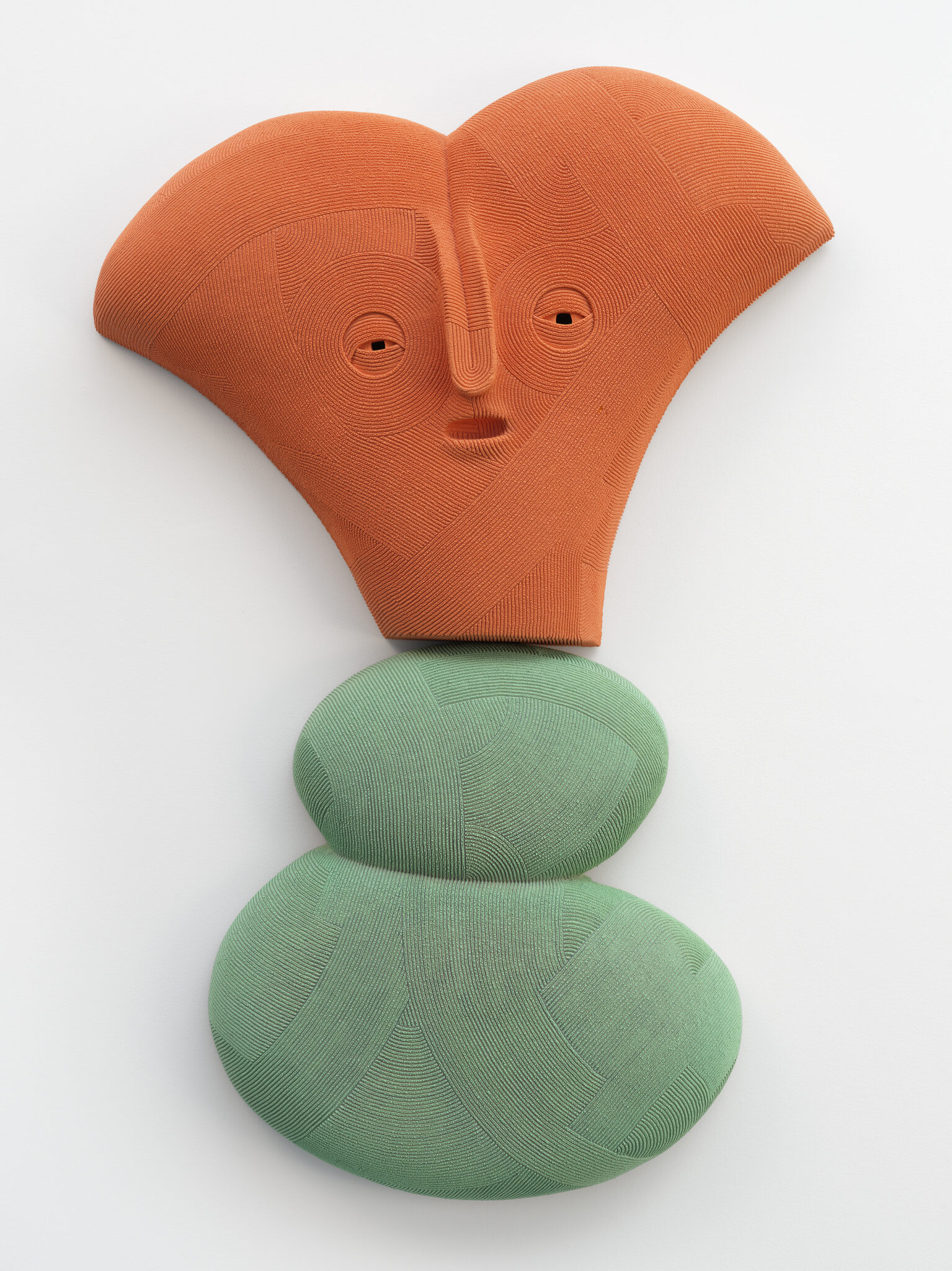 Playful ceramic sculpture created by En Iwamura for his solo exhibition, "Mask," at Ross+Kramer in January 2025