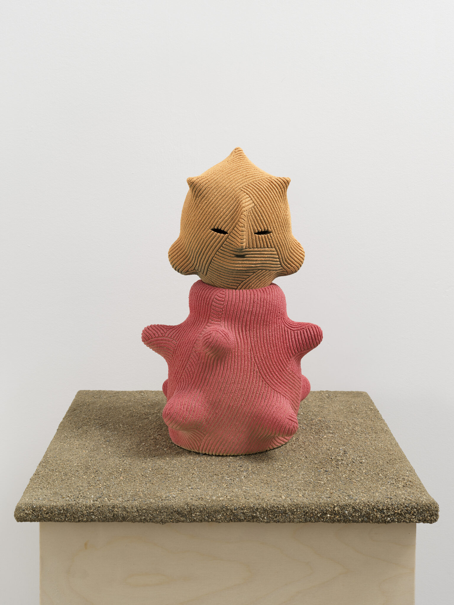 Playful ceramic sculpture created by En Iwamura for his solo exhibition, "Mask," at Ross+Kramer in January 2025