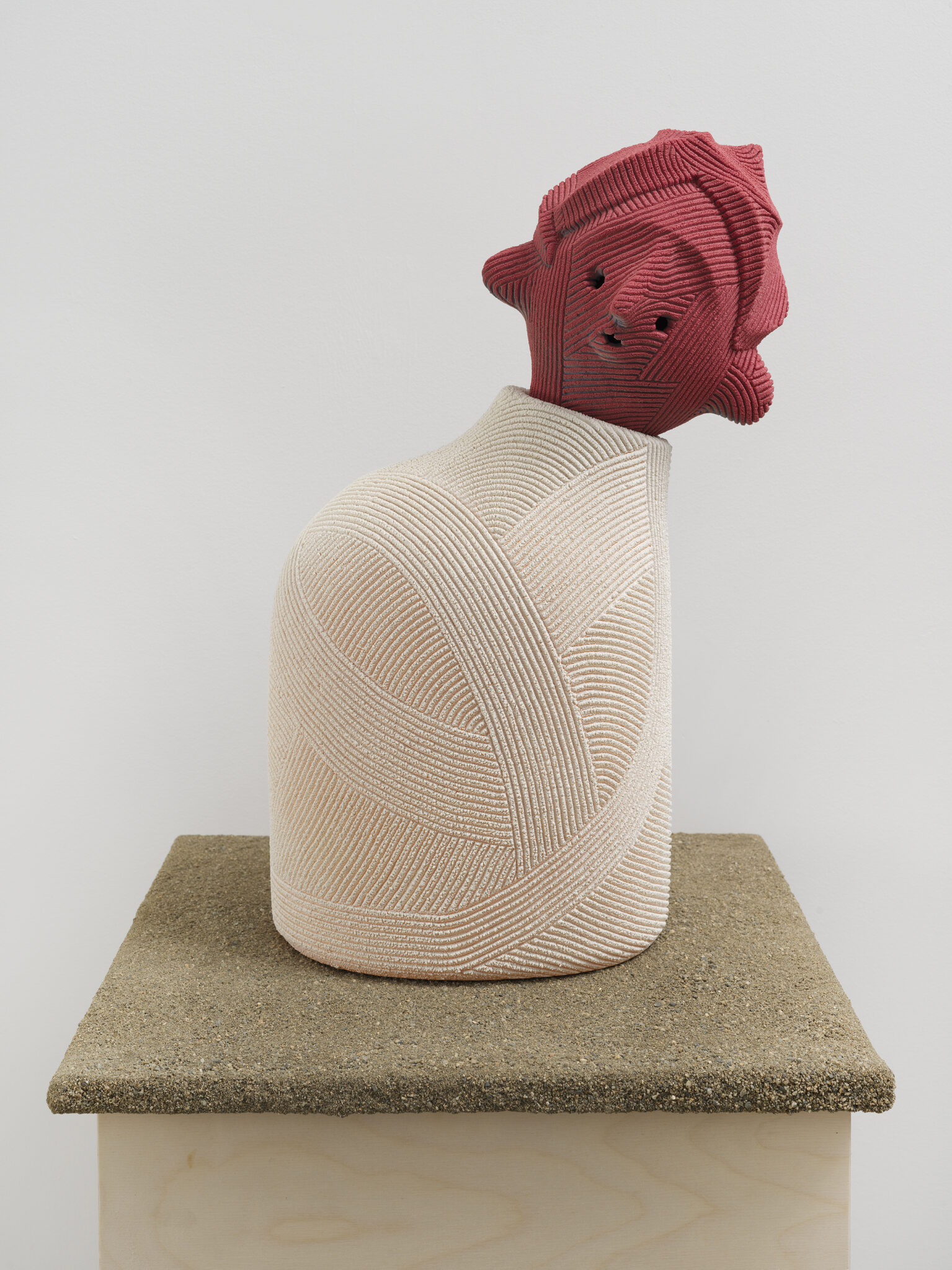Playful ceramic sculpture created by En Iwamura for his solo exhibition, "Mask," at Ross+Kramer in January 2025