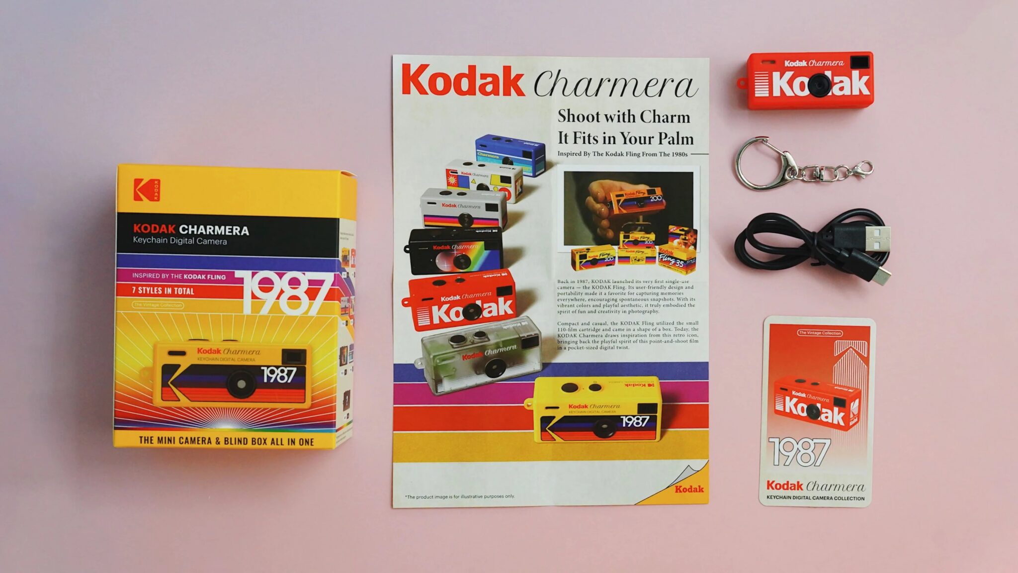 How the Kodak Charmera is packaged, featuring a blindbox, retro-style flyer, keychain, and more